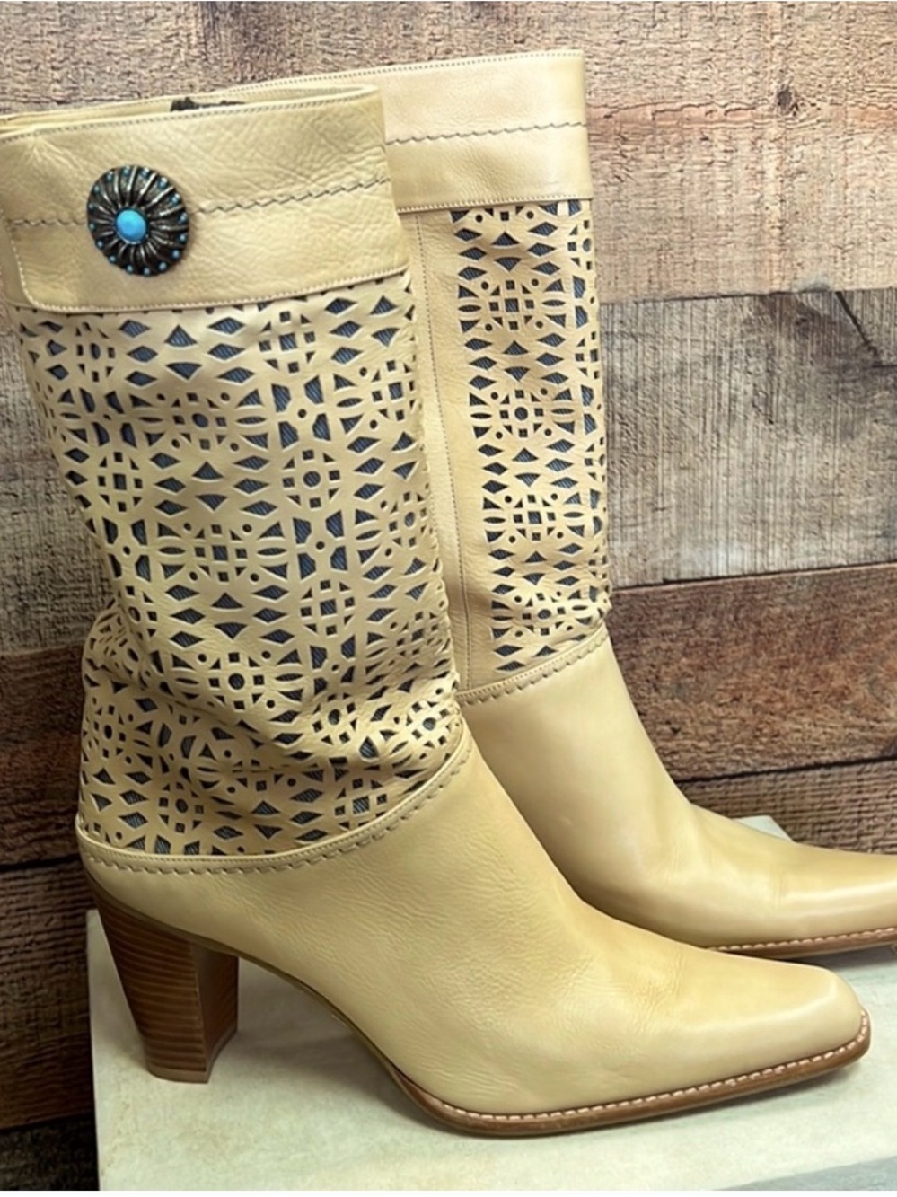 Rare and unique Stuart Weitzman Beige Laser-Cut Mid-Calf Booties